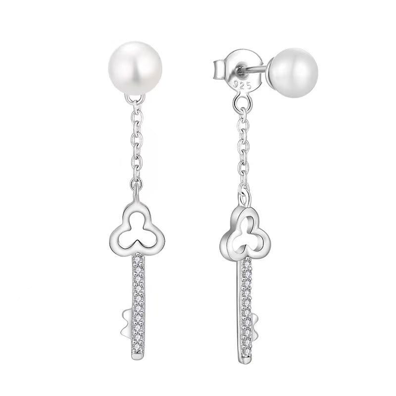 S925 Silver Genuine Freshwater Pearl Key of Love Earrings