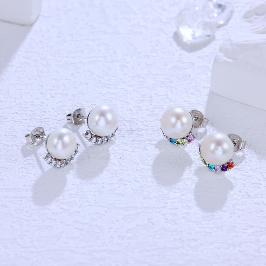 S925 Silver Genuine Freshwater Pearl Rainbow Bridge Earrings
