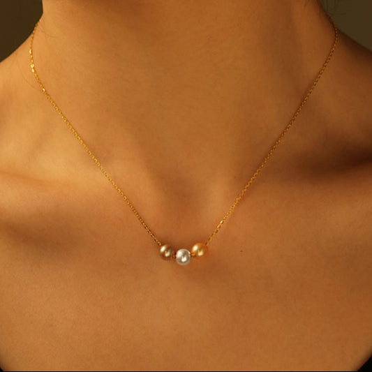 Solid 18K Gold Genuine Freshwater 7-8mm Pearl Colorful Bubble Necklace