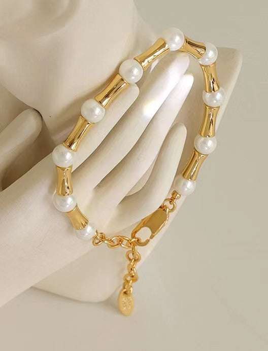 Pulsera de eslabones de bambú con perlas de agua dulce auténticas