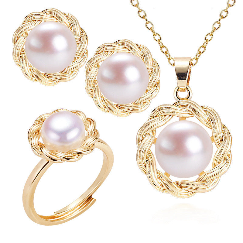 Ensemble Peace en laiton plaqué or 18 carats avec véritable perle d'eau douce