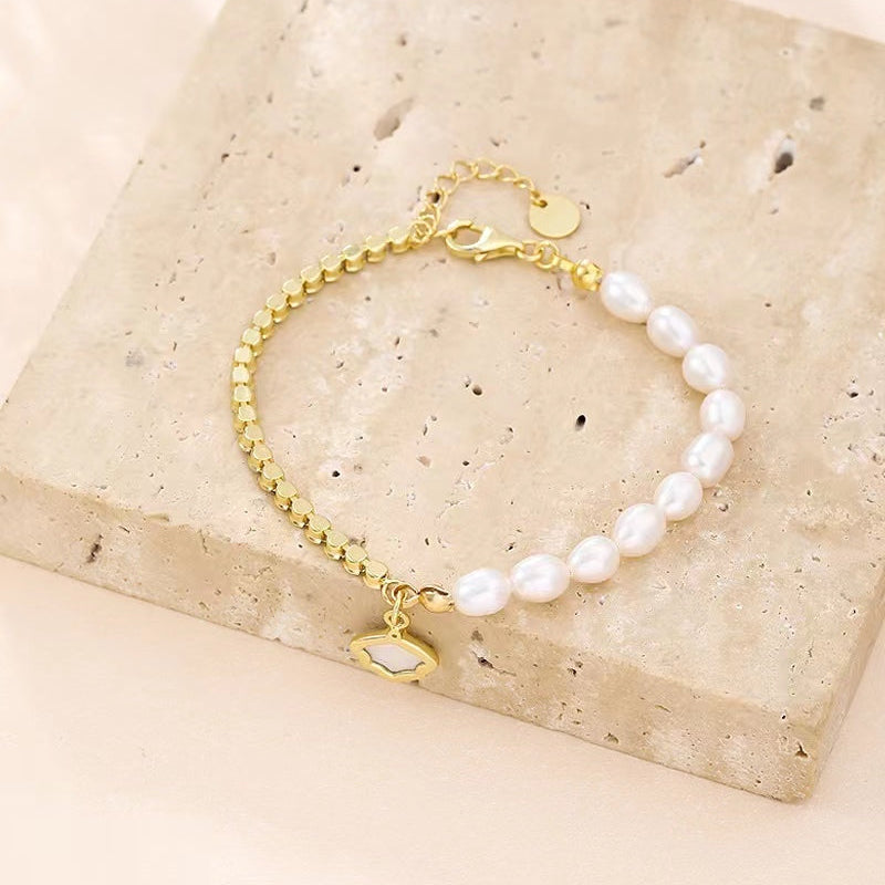 Bracelet coquillage en argent massif S925 avec véritable perle d'eau douce