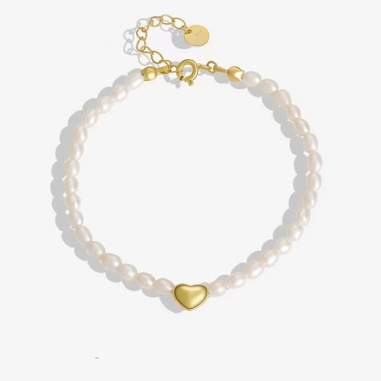 Pulsera de plata maciza S925 con forma de corazón y perlas de agua dulce auténticas