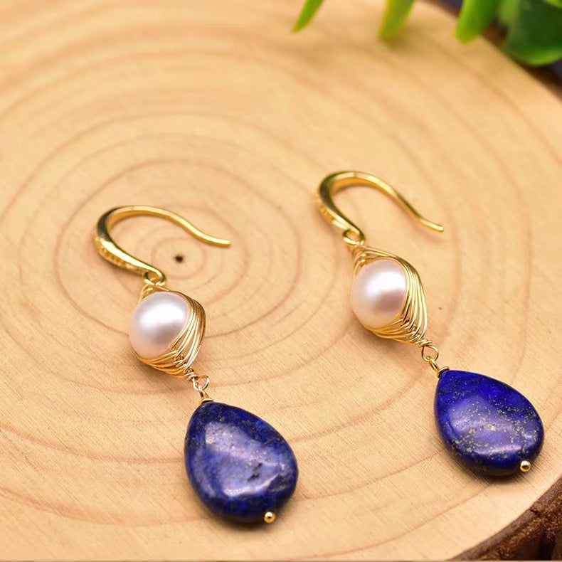 Boucles d'oreilles en perles d'eau douce baroques véritables et œil de lapis-lazuli (édition limitée)