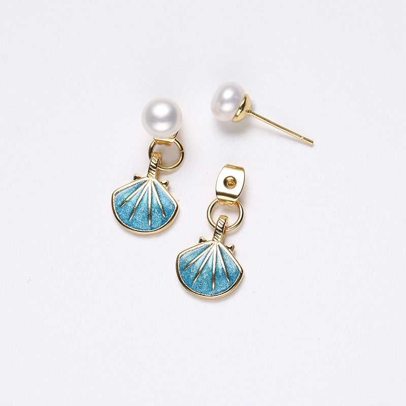 Boucles d'oreilles coquillage bleu en argent massif S925 et véritable perle d'eau douce