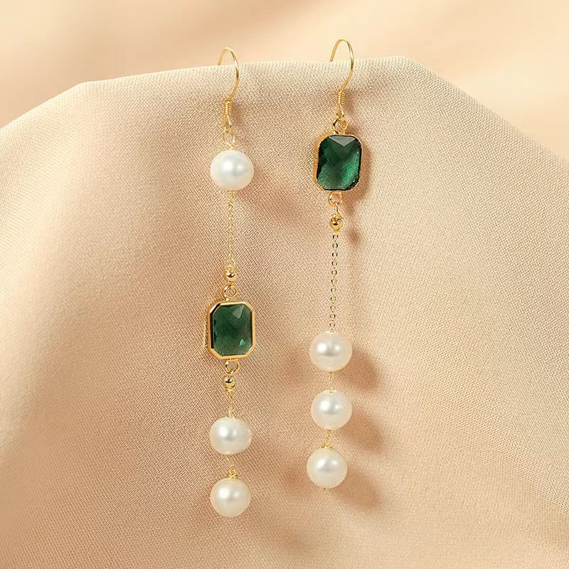 Genuine freshwater pearl and emerald Earrings - front view