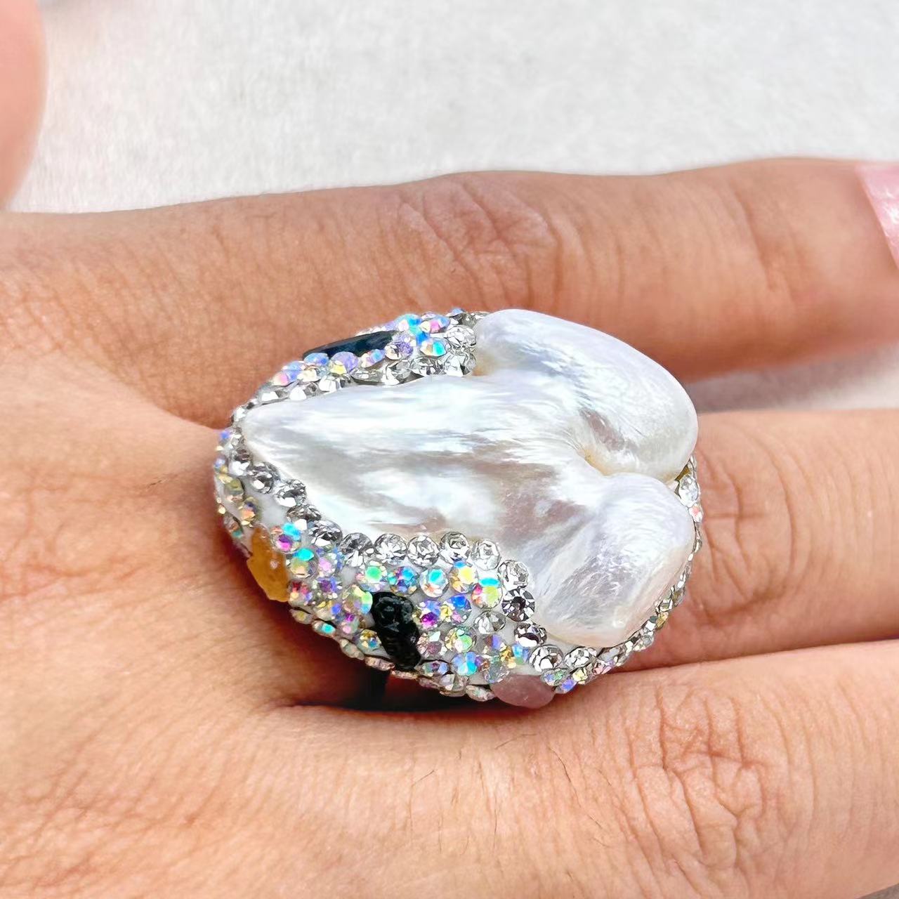 Genuine Natural Baroque Pearl & Mixed Crystal Lydos Ring