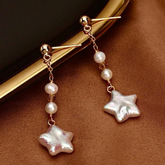 Pendientes de estrella de cristal con perla de agua dulce genuina