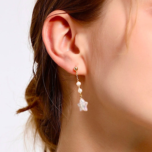 Pendientes de estrella de cristal con perla de agua dulce genuina