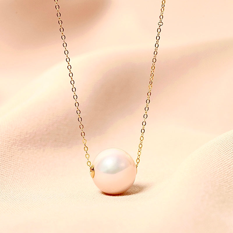 Collar de perlas blancas de agua dulce genuinas de oro macizo de 18 quilates con forma de caramelo flotante de 11-12 mm