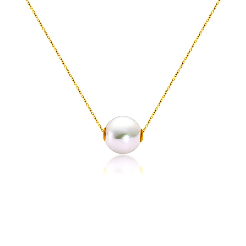 Collar de perlas blancas de agua dulce genuinas de oro macizo de 18 quilates con forma de caramelo flotante de 11-12 mm