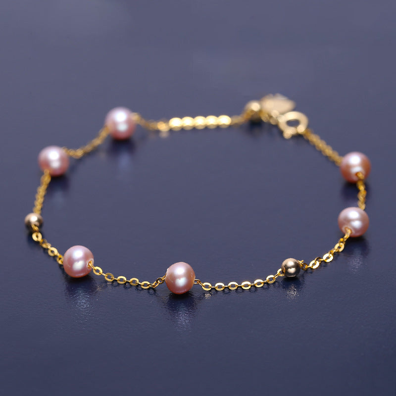 Bracelet en or massif 18 carats avec véritable perle d'eau douce violette et gypsophile