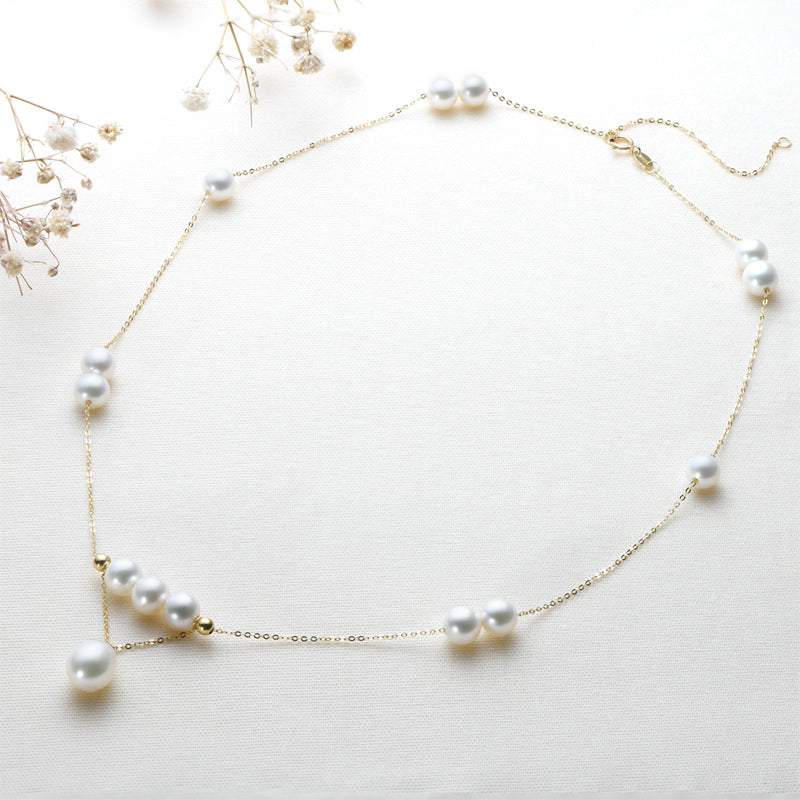 Collar de gypsophila con perla de agua dulce genuina de oro macizo de 18 quilates