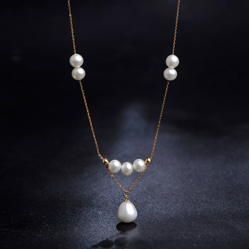 Collar de gypsophila con perla de agua dulce genuina de oro macizo de 18 quilates