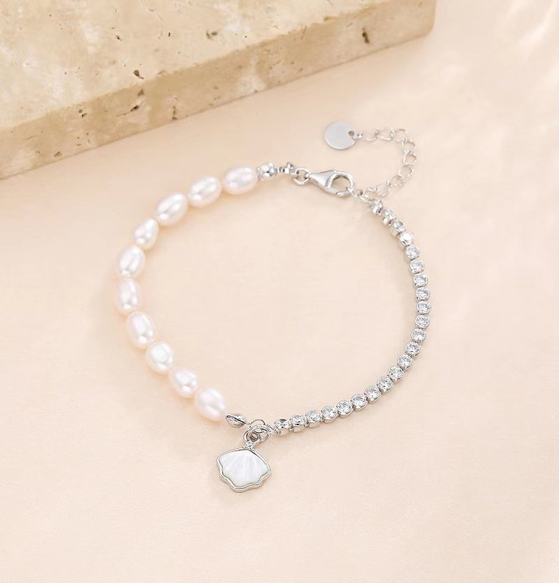 Pulsera de concha de plata maciza S925 con perla de agua dulce genuina
