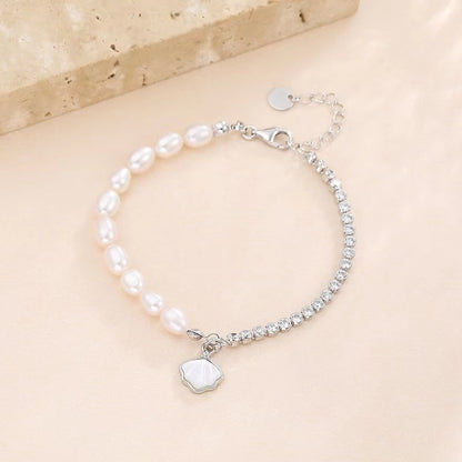 Bracelet coquillage en argent massif S925 avec véritable perle d'eau douce