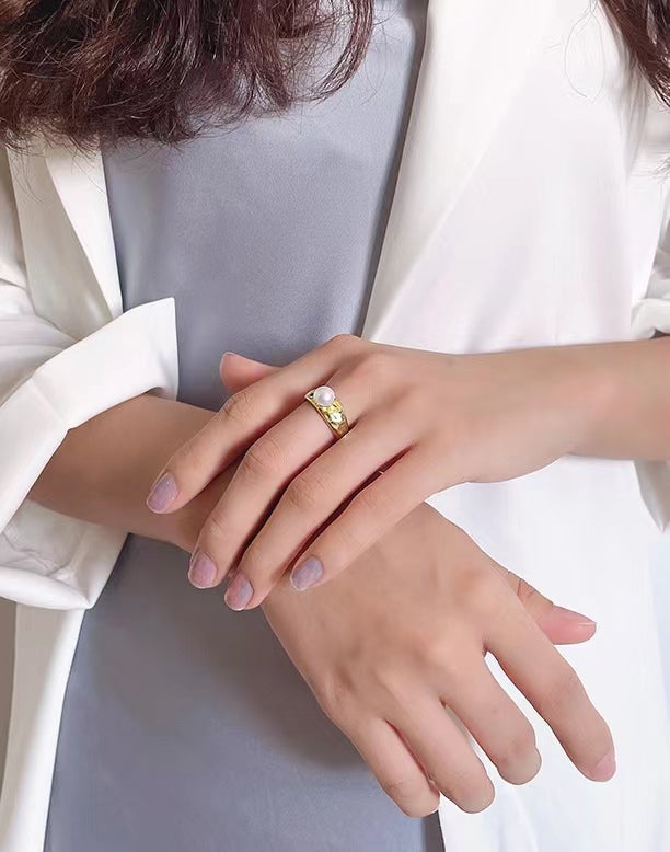 Anillo de plata maciza S925 con diseño de perla de agua dulce genuina