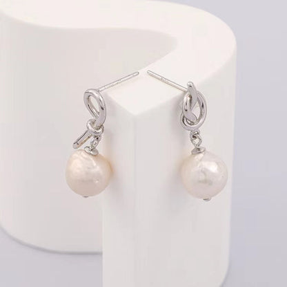 Pendientes de nudo de Dios de plata maciza S925 con perla barroca genuina