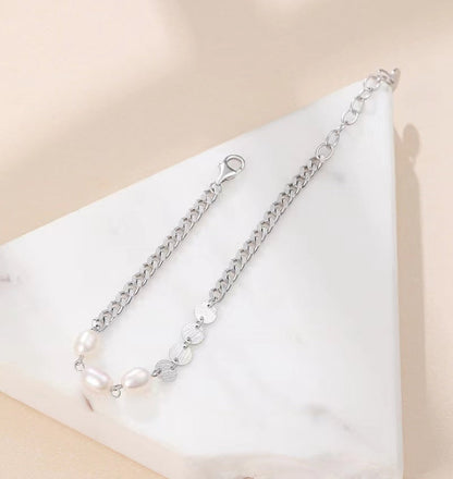 Pulsera de tres deseos de plata maciza S925 con perlas de agua dulce genuinas