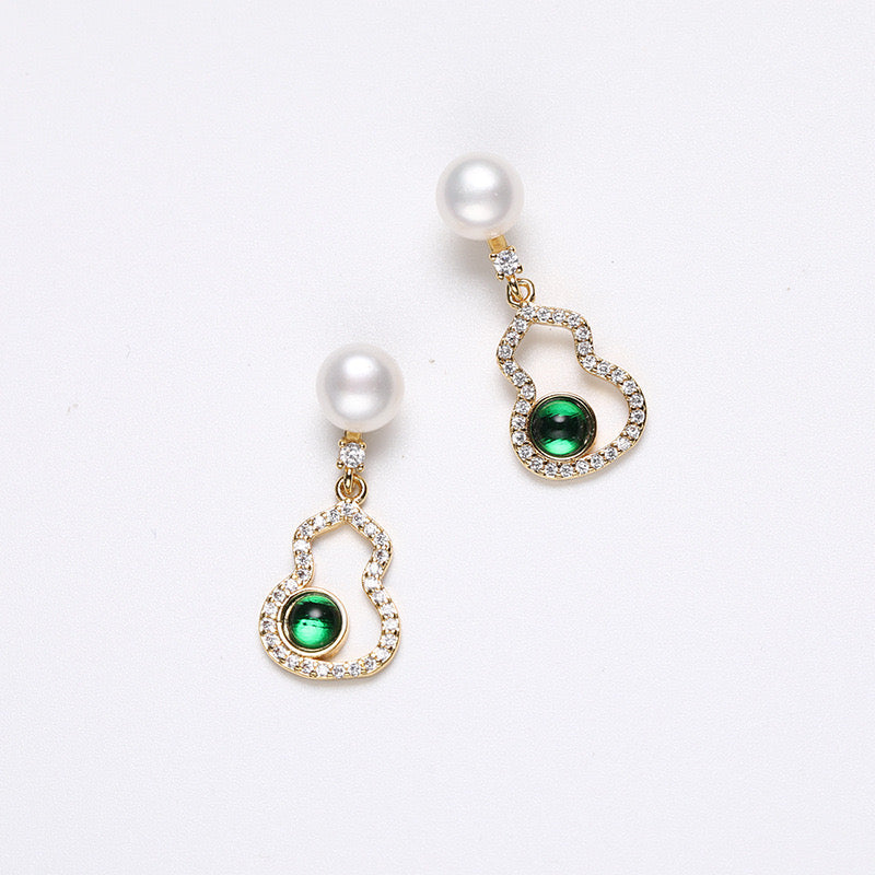 Pendientes de calabaza con esmeralda y perla de agua dulce auténtica de plata maciza S925