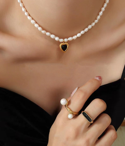 Genuine Freshwater Pearl Titanium Steel Cool Heart Necklace