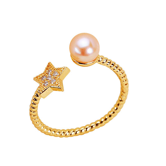 Bague étoile en laiton plaqué or 18 carats avec véritable perle d'eau douce