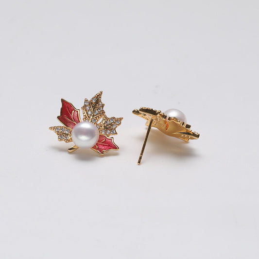 Boucles d'oreilles en argent massif S925 avec perles d'eau douce véritables et feuilles d'érable