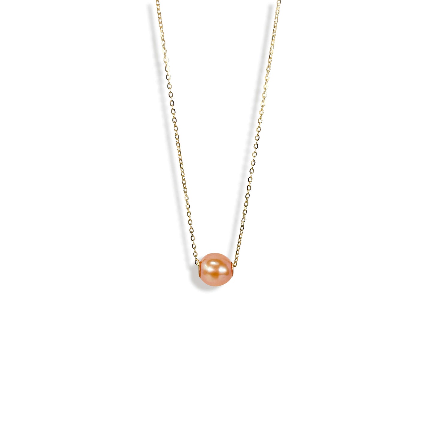 Collier en or massif 18 carats avec perles d'eau douce véritables flottantes couleur pêche bonbon