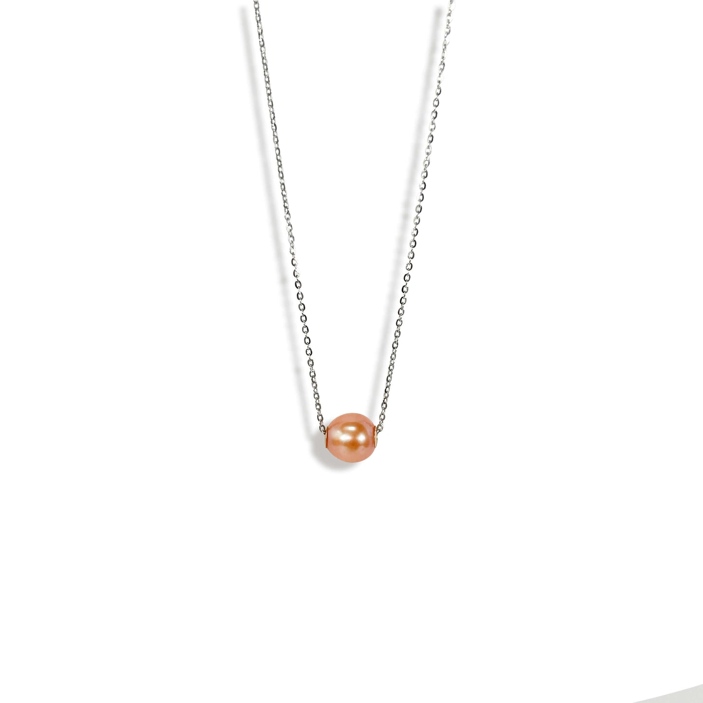 Collier en or massif 18 carats avec perles d'eau douce véritables flottantes couleur pêche bonbon