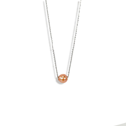 Solid 18K Gold Genuine Freshwater Pearl Floating Candy Peach Necklace