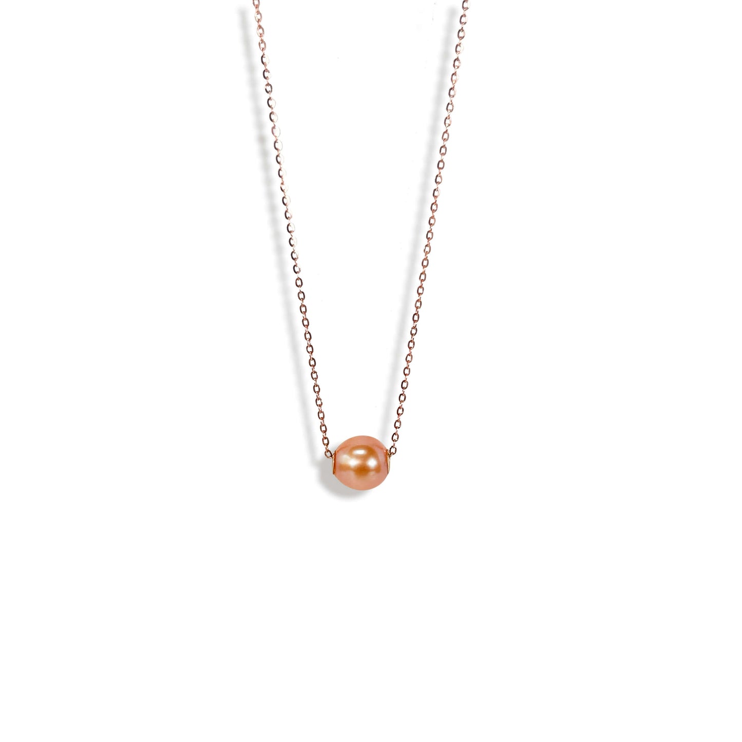 Collier en or massif 18 carats avec perles d'eau douce véritables flottantes couleur pêche bonbon