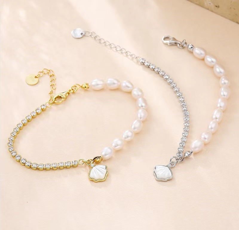 Pulsera de concha de plata maciza S925 con perla de agua dulce genuina