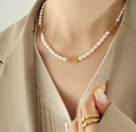 Genuine Freshwater Pearl Titanium Shooting Star Necklace
