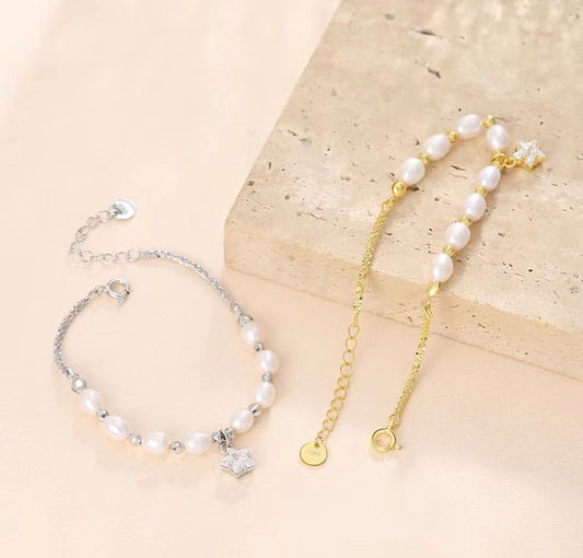 Pulsera Meteorito de Plata S925 Sólida con Perla de Agua Dulce Genuina