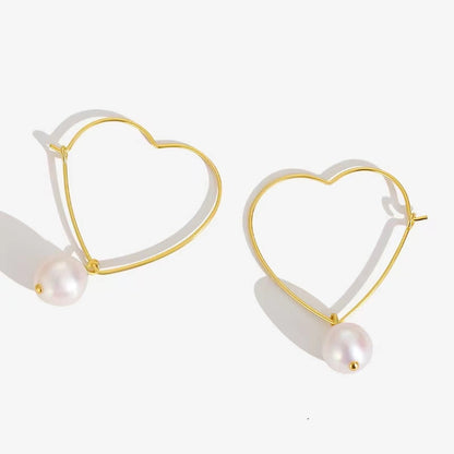 Pendientes de corazón de plata maciza S925 con auténtica perla barroca