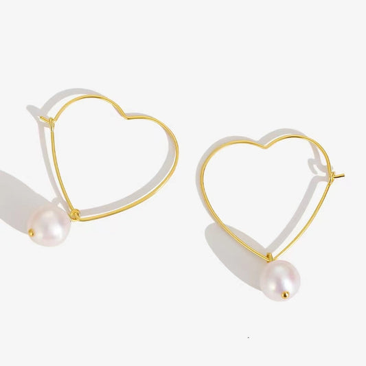 Boucles d'oreilles cœur en argent massif S925 avec véritable perle baroque