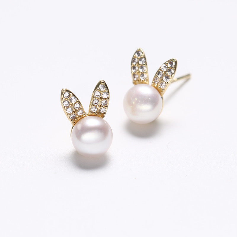Pendientes de conejo dorados de plata maciza S925 con auténtica perla de agua dulce