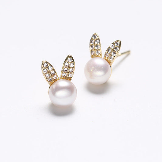 Boucles d'oreilles lapin dorées en argent massif S925 avec véritable perle d'eau douce