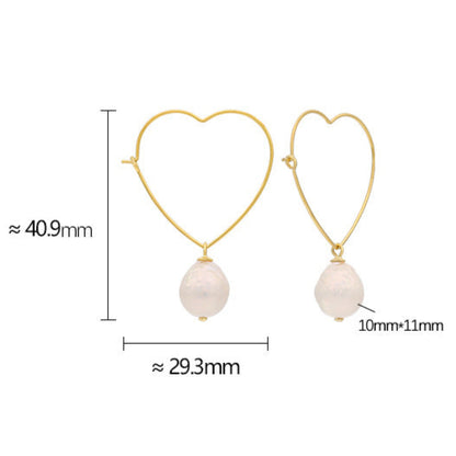 Pendientes de corazón de plata maciza S925 con auténtica perla barroca