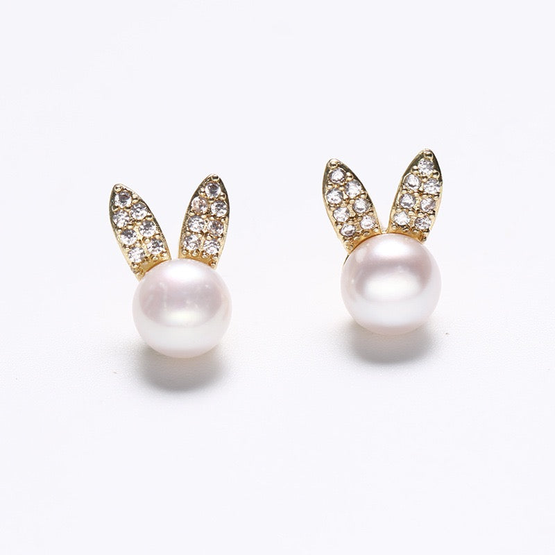 Pendientes de conejo dorados de plata maciza S925 con auténtica perla de agua dulce