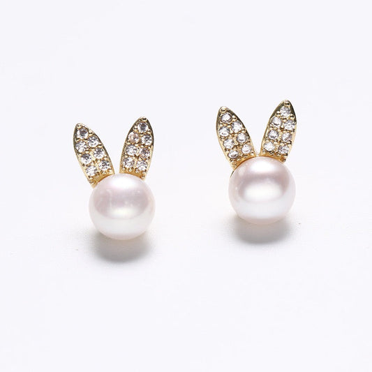 Boucles d'oreilles lapin dorées en argent massif S925 avec véritable perle d'eau douce