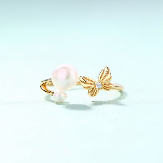Anillo de mariposas voladoras con perlas de agua dulce naturales genuinas