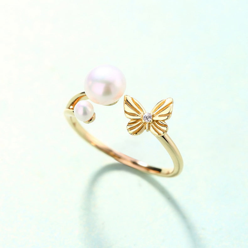 Anillo de mariposas voladoras con perlas de agua dulce naturales genuinas
