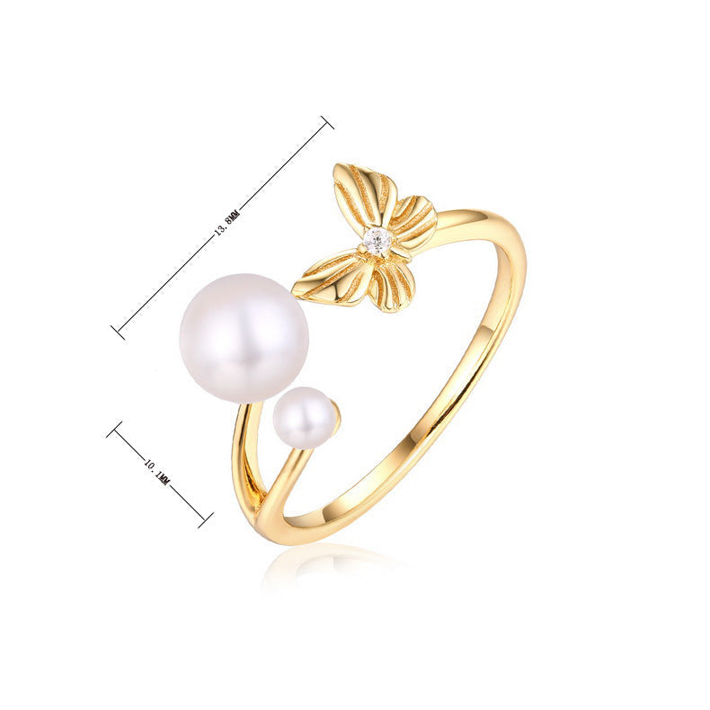 Anillo de mariposas voladoras con perlas de agua dulce naturales genuinas