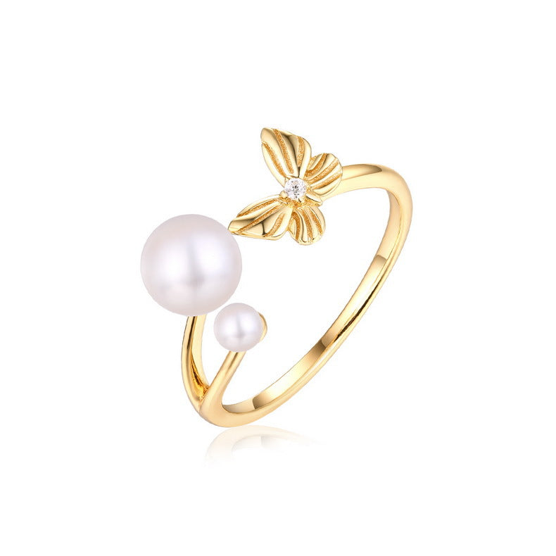 Anillo de mariposas voladoras con perlas de agua dulce naturales genuinas