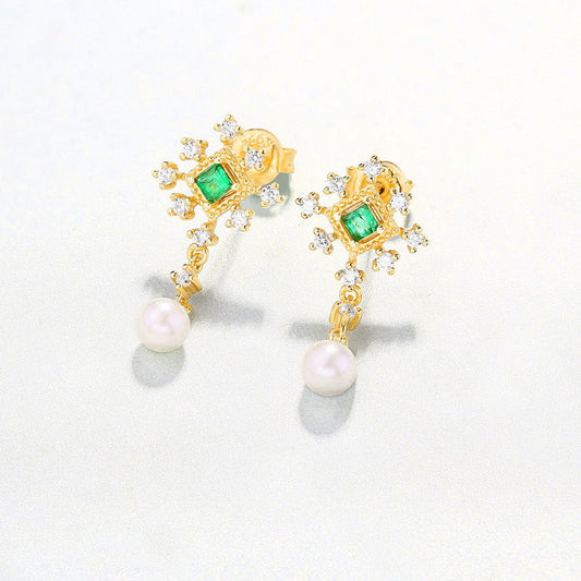Boucles d'oreilles Magicien d'Oz en émeraude naturelle et véritable perle d'eau douce naturelle
