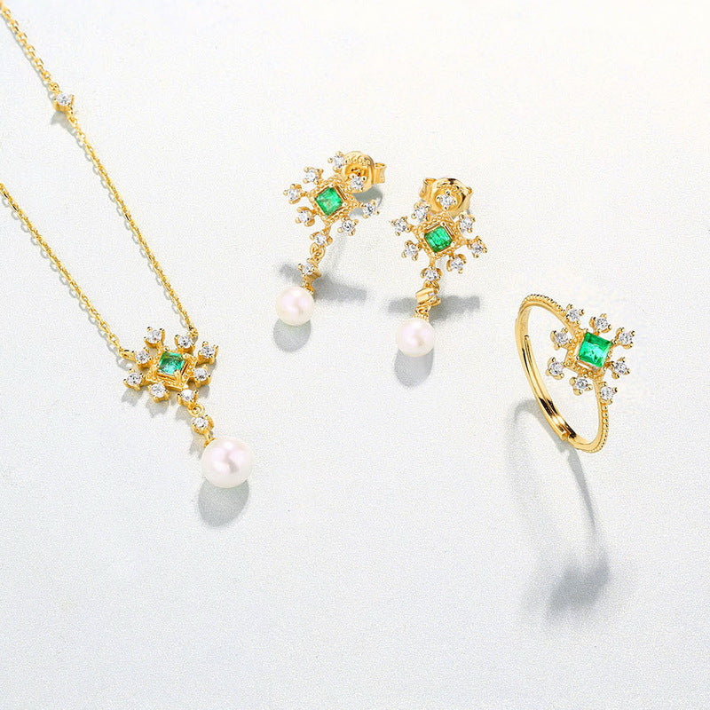 Boucles d'oreilles Magicien d'Oz en émeraude naturelle et véritable perle d'eau douce naturelle