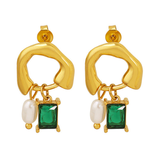 Genuine Freshwater Pearl Titanium Steel Green Dewdrop Earrings