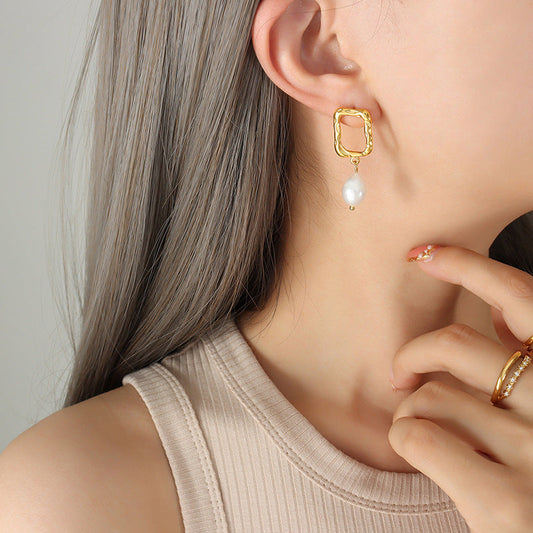 Genuine Freshwater Pearl Titanium Steel Holy Gate Earrings