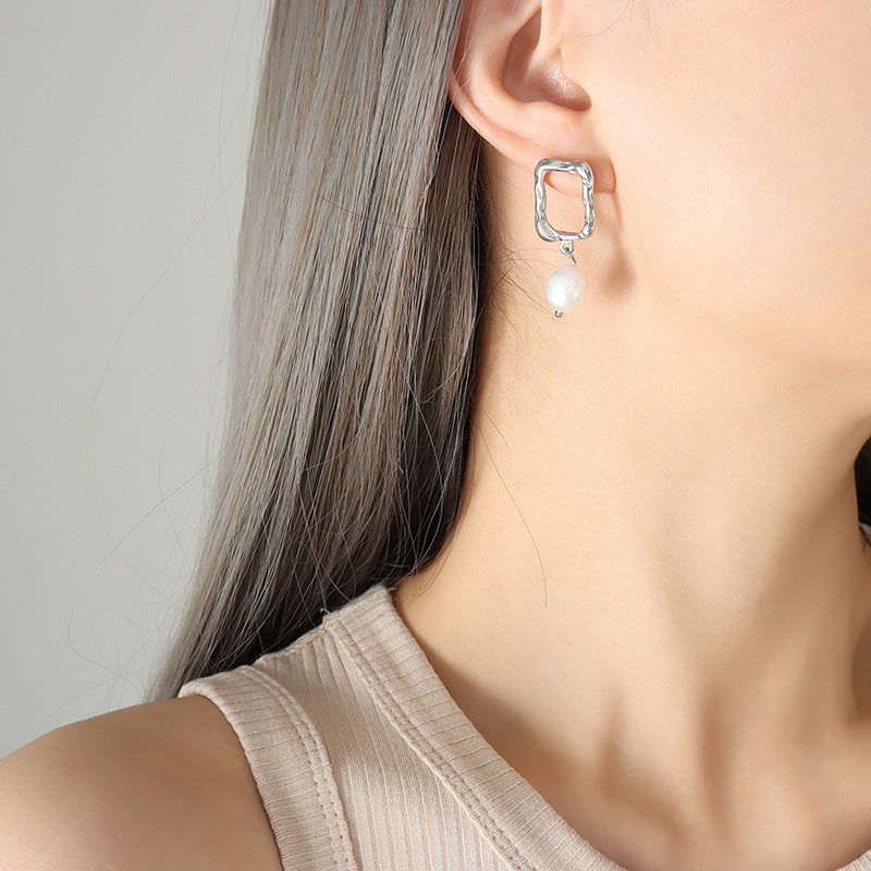 Genuine Freshwater Pearl Titanium Steel Holy Gate Earrings
